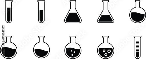 Laboratory glassware icon set, flasks, test tubes, and beakers vector, science experiment symbols, chemistry lab equipment illustration