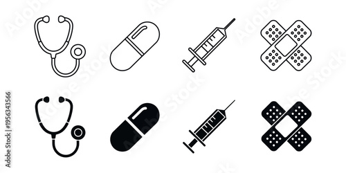 Medical icons including stethoscopes pills and band aids