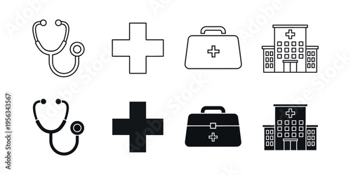 Medical symbols and icons for healthcare and first aid