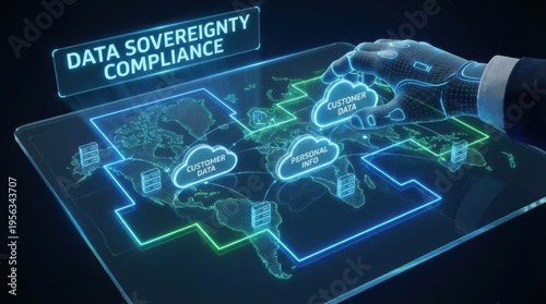 Data sovereignty compliance with a hand ensuring customer data icons remain within geographic border lines on a global data flow map.
