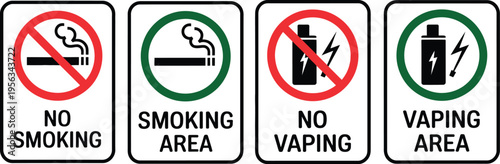 No smoking vector, no vaping and prohibition symbols, no smoking zone sign, red and green color design, printable safety label, minimal flat vector element for design.