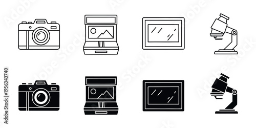Collection of various electronic devices and cameras line drawings