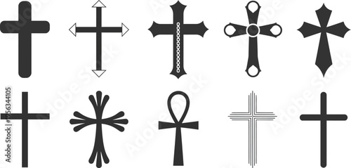 Christian cross silhouette vector, multiple cross designs, Orthodox faith representation, religious iconography, spiritual symbol graphic, clean flat vector design element.
