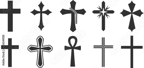 Christian cross silhouette vector, multiple cross designs, Orthodox faith representation, religious iconography, spiritual symbol graphic, clean flat vector design element.