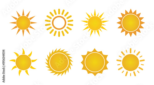 Sun icon collection set. Bright sunshine symbols with rays. Weather sun vector icons for summer and forecast design