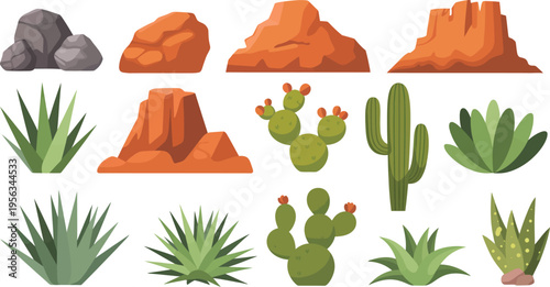 American desert nature icon, vector illustration of canyon rocks, saguaro cactus, and succulent plants, desert landscape elements, minimal flat vector graphic for design.