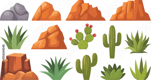 American desert nature icon, vector illustration of canyon rocks, saguaro cactus, and succulent plants, desert landscape elements, minimal flat vector graphic for design.