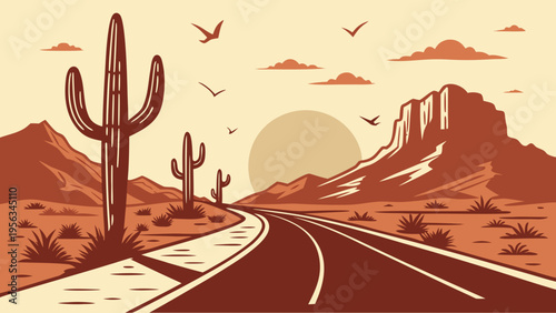 Desert Road Trip Sunset Vector T-Shirt Design Cinematic Travel Landscape