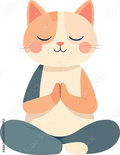 Cute cat meditating in lotus yoga pose, mindfulness and relaxation concept, cozy flat illustration