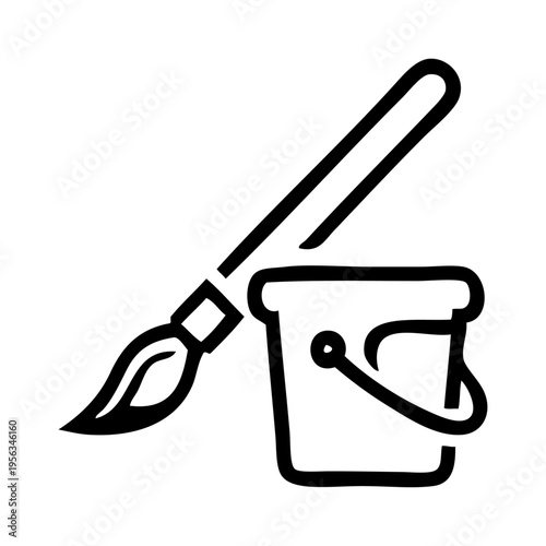 Logo men at work. Dibujo sencillo con líneas de un pincel con un cubo de pintura