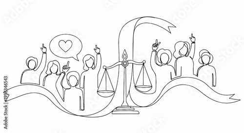 People protesting with scales of justice and heart symbol in a line drawing style