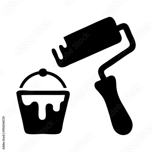 Logo men at work. Dibujo sencillo con silueta de un rodillo con un cubo de pintura goteando