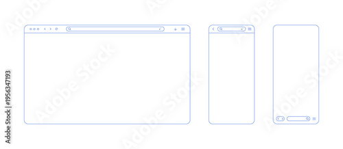 Browser window outline light for web pc and mobile phone. Browser screen mockup for desktop, pad and computer. Screen frame with arrow and menu icons and search line, vector illustration.