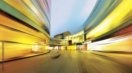 Abstract architecture blurred motion building exterior background urban city dynamic movement modern structure glass facade perspective speed light streaks contemporary design concept