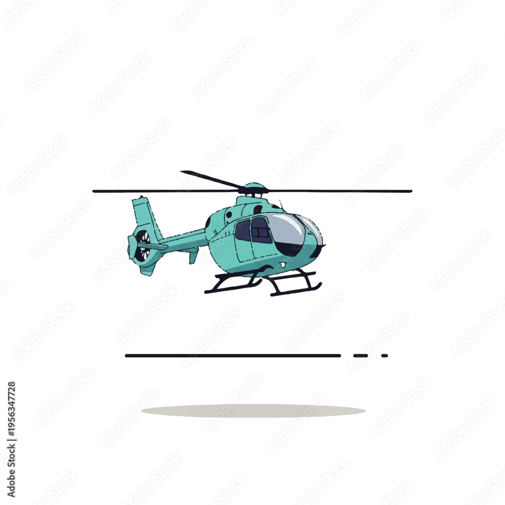 Fototapeta premium Vector flat design illustration of a teal helicopter in mid-flight against a clean white background with a minimalist aesthetic.