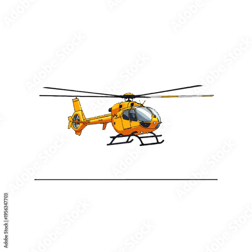 Vector flat design illustration of a vibrant orange helicopter with rotor blades against a clean white background.