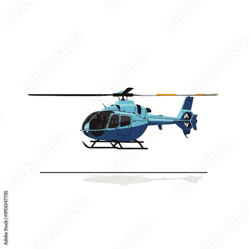 Vector flat design illustration of a blue helicopter with a white background, showcasing a side view with rotor blades and landing skids in a graphic style.