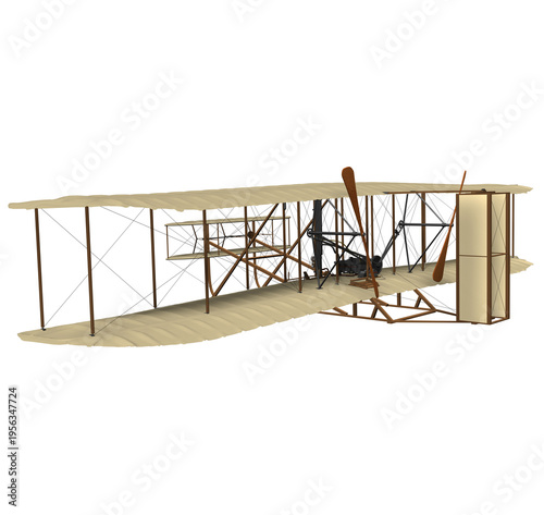 3D Rendering Illustration rear view of the First Airplane (Flyer I) designed and made by the Wright Brothers. Its first flight took place on December 17, 1903, in Kitty Hawk (North Carolina).