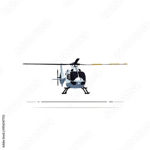 Vector flat design illustration of a helicopter with a white background, showcasing a side view of the aircraft with rotor blades and landing gear, conveying a sense of modern aviation.