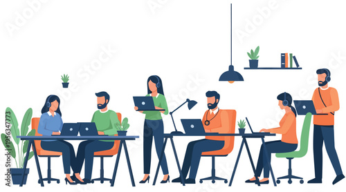 A modern office scene featuring diverse people working on laptops and collaborating