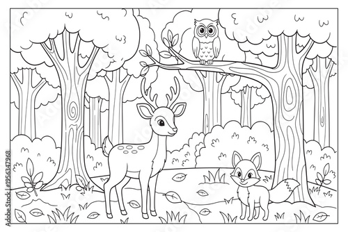 A detailed forest scene with an owl deer fox and lush tree branches