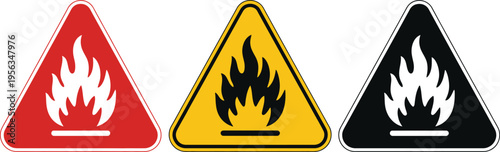 Triangular flammable warning hazard sign vector set, fire safety and danger symbol
