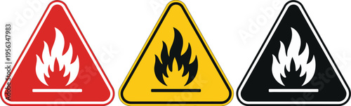 Triangular flammable warning hazard sign vector set, fire safety and danger symbol