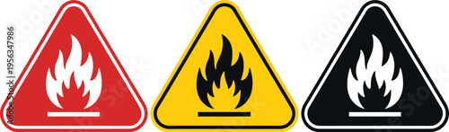 Triangular flammable warning hazard sign vector set, fire safety and danger symbol
