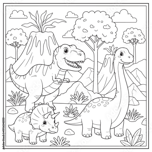 A playful scene of dinosaurs exploring a prehistoric landscape with a volcano