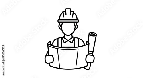 Construction worker with blueprint and helmet.