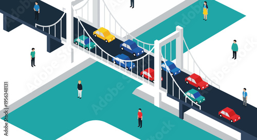 Cars Crossing Bridge with People Walking.