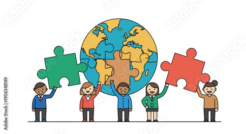 Diverse people holding puzzle pieces together.