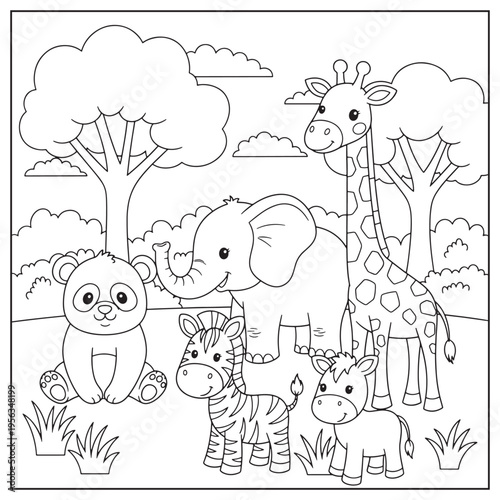 A delightful coloring page featuring a giraffe elephant zebra and panda