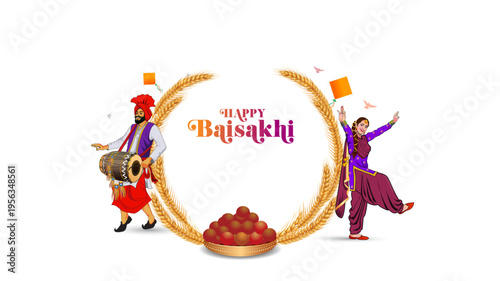 Happy Baisakhi. Joyful punjabi sikh traditional harves festival celebration background. Digital vectot illustration