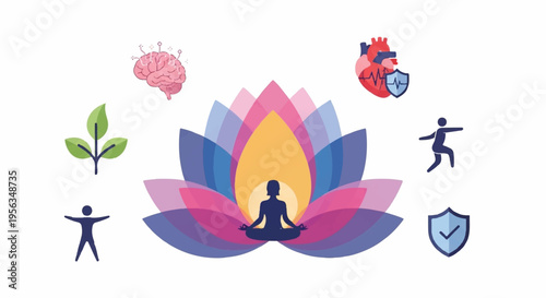 Meditating person in lotus flower with wellness and health symbols around representing mindfulness and balance
