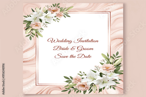 Elegant wedding invitation with floral details and a marble border
