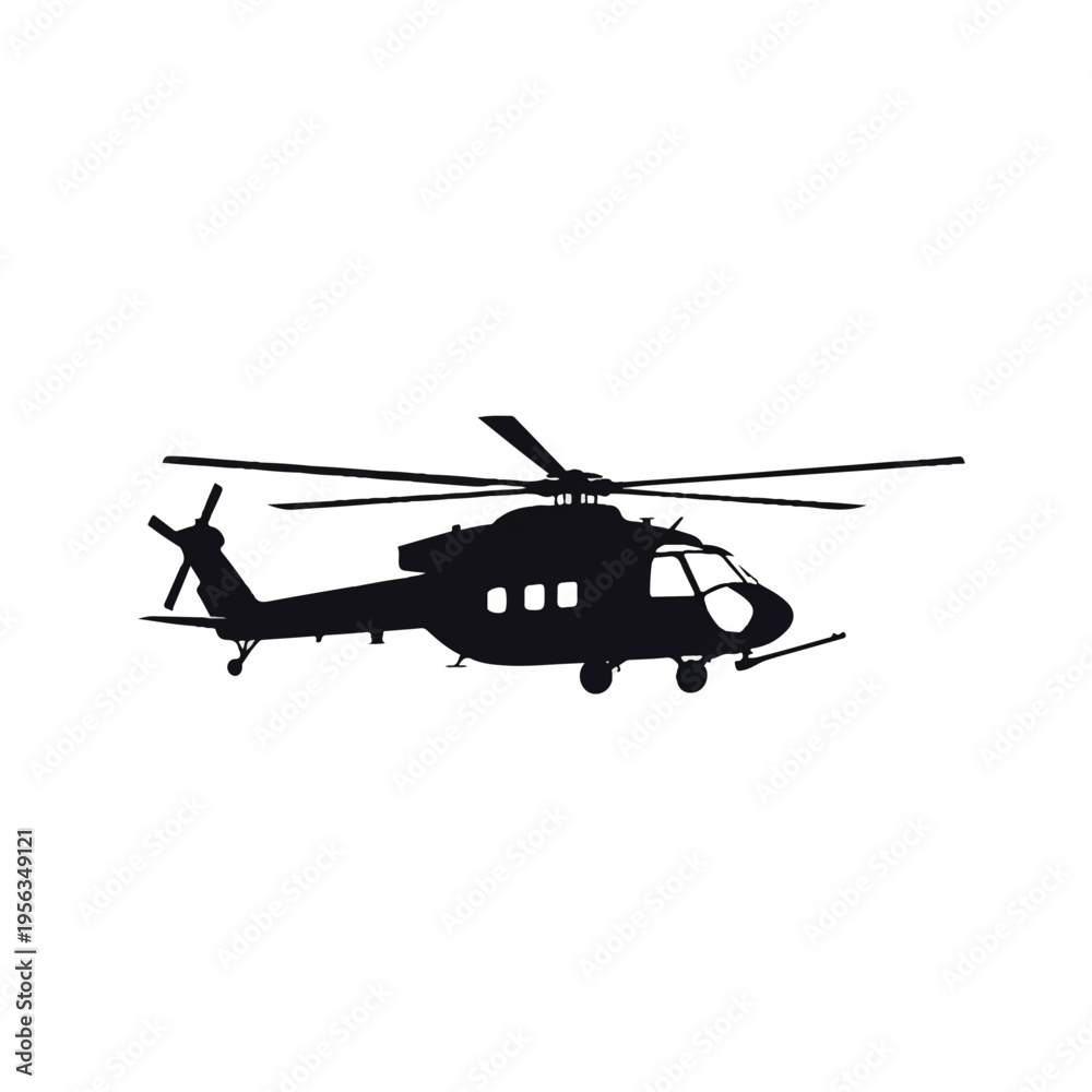 Fototapeta premium Vector flat design illustration of a helicopter in a simple silhouette style against a clean white background.