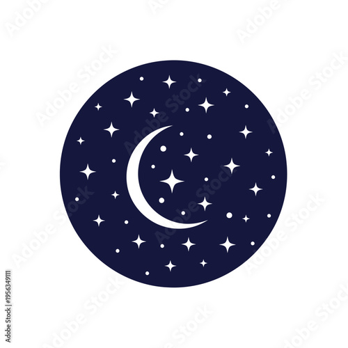 Circular night sky with moon and stars, a celestial graphic illustration representing the cosmos