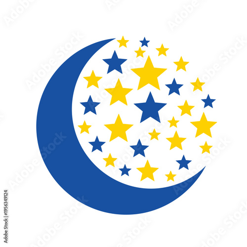 Solid color vector illustration depicting a glowing blue crescent moon adorned with an array of yellow and blue stars, symbolizing dreams, imagination, and celestial beauty
