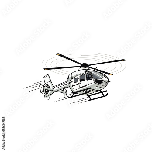 Vector flat design illustration of a helicopter in motion with rotor blades spinning, depicted in a minimalist black and white style on a clean white background.