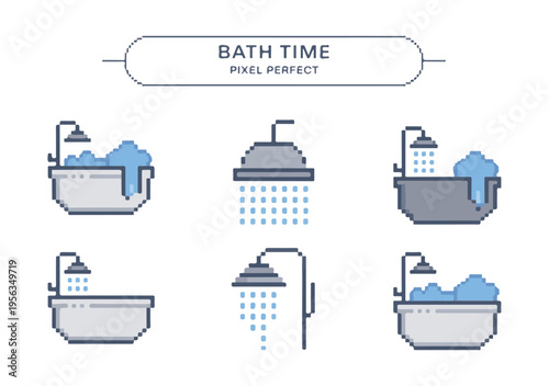 Pixel art icons of bathtubs with bubbles and shower heads for bath time illustration