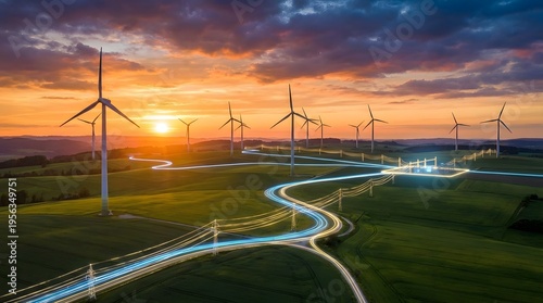 Wind turbines generating renewable energy at sunset connected by glowing blue lines across green hills
