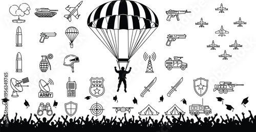 Black and white of a parachutist descending among military parachute military black and white aircraft