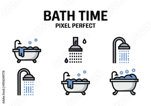 Stylized vector icons of bathtubs with water and bubbles plus shower head and drops