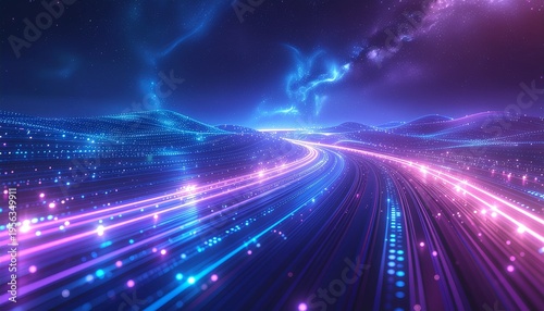 A futuristic highway stretches into the distance at night with vibrant purple and blue neon lights illuminating the road and surrounding landscape.