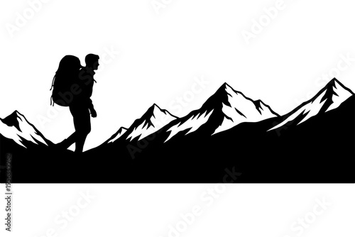 Silhouette of Hiker with Backpack in Mountainous Landscape