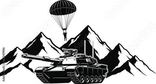 Black and white of tank with parachuter over mountains military