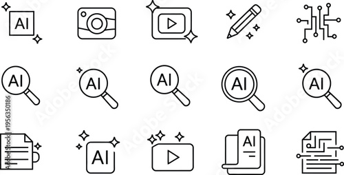 AI generate icon, vector illustration of AI tools, artificial intelligence and machine learning symbols, document generator and search icons, editable stroke, clean design element.