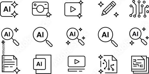 AI generate icon, vector illustration of AI tools, artificial intelligence and machine learning symbols, document generator and search icons, editable stroke, clean design element.