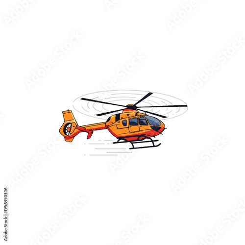 Vector flat design illustration of an orange helicopter with rotor blades on a white background.